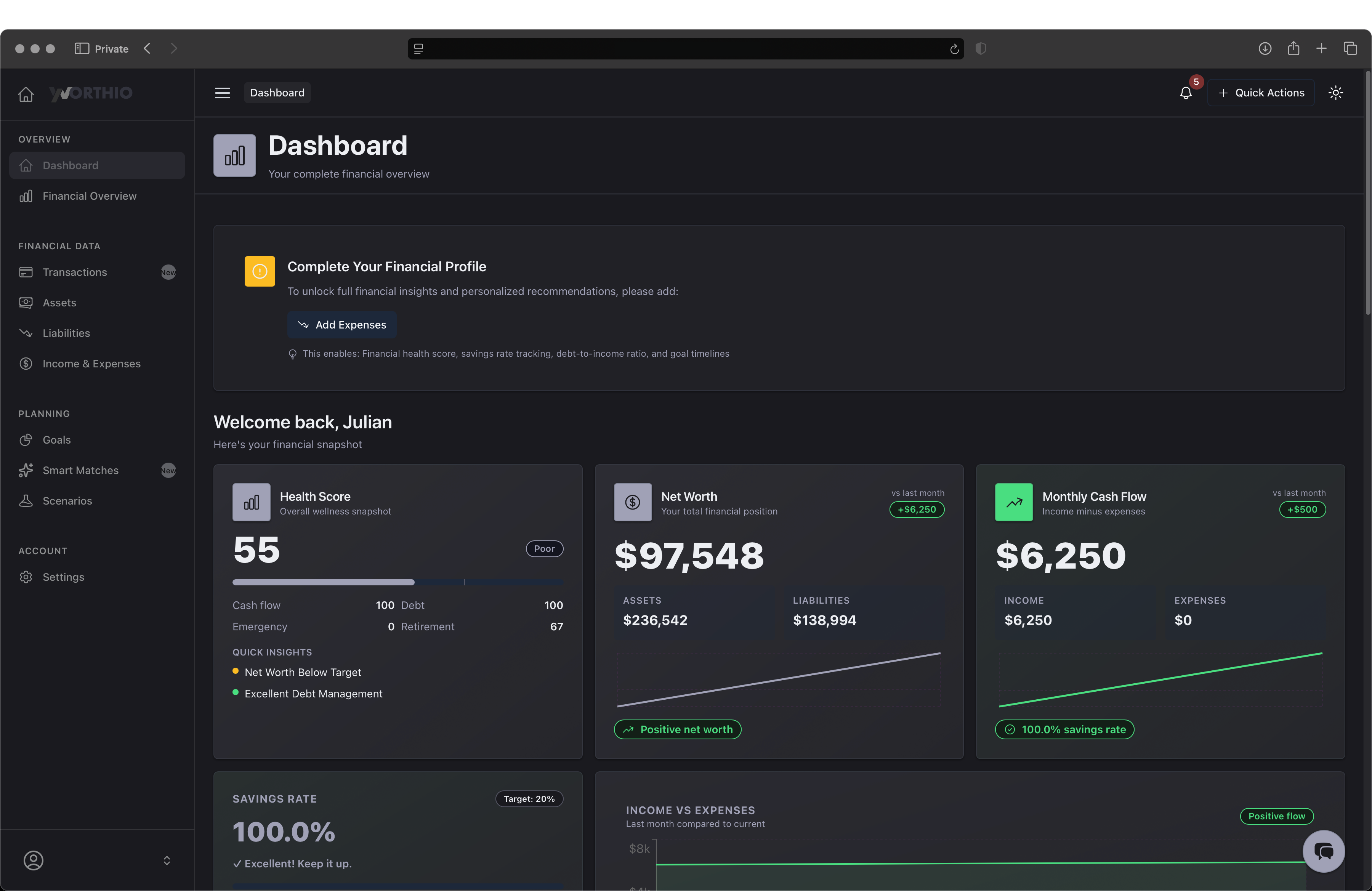 Worthio Dashboard - Financial Planning Platform